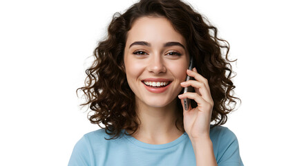 Fototapeta premium young woman talking on smartphone call and smiling on transparent background, png, girl using her phone png