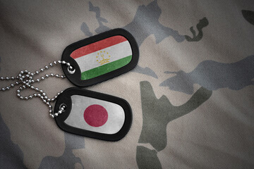 vintage army blank, dog tag with flag of tajikistan and japan on the khaki texture background....
