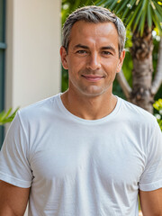 Retrato de un hombre joven blanco de pie en la entrada de una casa vistiendo una camiseta blanca de algod&oacute;n 