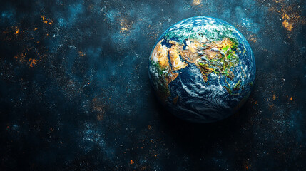 Earth seen from space with plastic waste scattered on one side symbolizing environmental chaos and the urgency of Earth Day, blank space for caption, focus on sustainability and conservation efforts

