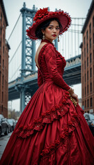 Fototapeta premium Elegant Lady in Scarlet: Vintage Charm by the Manhattan Bridge