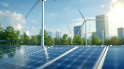 A vibrant scene showcasing solar panels in the foreground and wind turbines with modern buildings in the background, representing sustainable energy solutions.