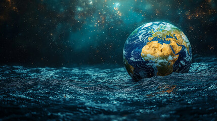 Earth seen from space with plastic waste scattered on one side symbolizing environmental chaos and the urgency of Earth Day, blank space for caption, focus on sustainability and conservation efforts

