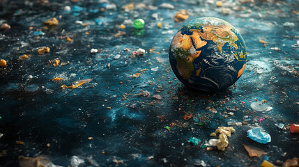 Earth seen from space with plastic waste scattered on one side symbolizing environmental chaos and the urgency of Earth Day, blank space for caption, focus on sustainability and conservation efforts

