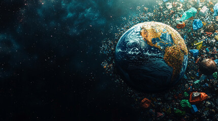 Earth seen from space with plastic waste scattered on one side symbolizing environmental chaos and the urgency of Earth Day, blank space for caption, focus on sustainability and conservation efforts

