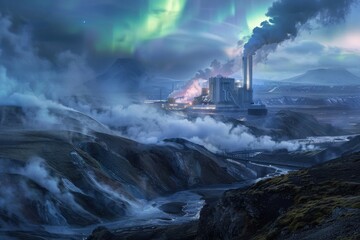 Fototapeta premium Mystical geothermal plant. Volcanic landscape, steam vents, aurora borealis. Eerie beauty. Northern lights illuminate the scene.