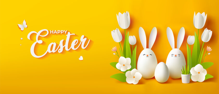 Happy easter banner design. Easter card. Happy Easter Greeting. Easter Egg with Bunny Ears. Happy Easter background of easter eggs. Easter poster. Easter banner on yellow background. Easter Greeting