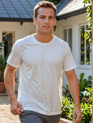 Retrato de un hombre joven blanco de pie en la entrada de una casa vistiendo una camiseta blanca de algod&oacute;n 