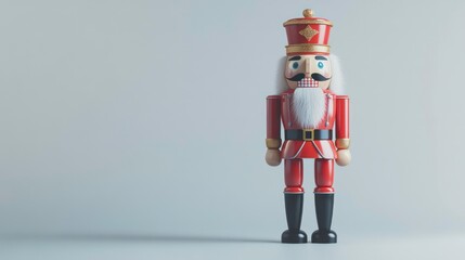 Naklejka premium Red wooden nutcracker toy soldier figurine against a light grey background.