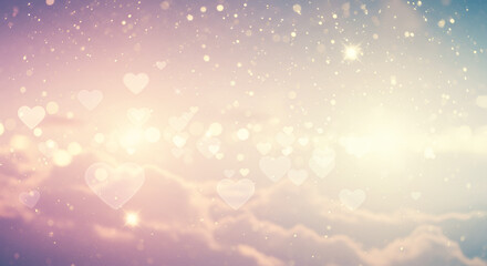 Romantic Hearts Background, Soft Pastel Sky with Glowing Bokeh Lights and Falling Snow