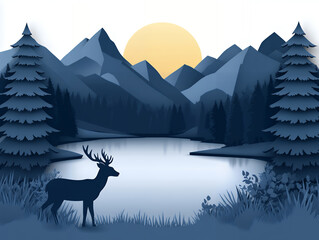 Majestic deer by a tranquil lake with sunrise and mountain forest in paper cut art style