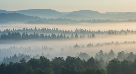 Naklejka premium Misty Mountain Forest Landscape at Sunrise, Rolling Hills of Evergreen Trees in Fog