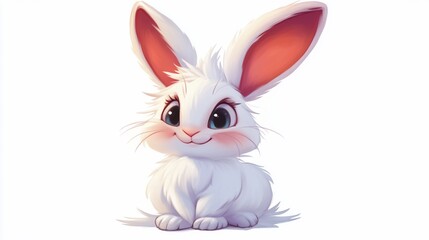 Adorable cartoon white bunny rabbit with pink ears and big eyes sitting.