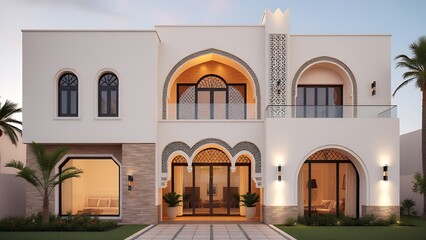 Elegant Arabic Style Villa House with Palm stylish. A magnificent villa showcasing Arabic architecture, white facades, arches, and palm trees. Ideal for real estate, architecture