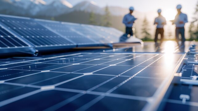 A close-up of solar panels with workers in the background, highlighting renewable energy and sustainable technology in a scenic outdoor setting.
