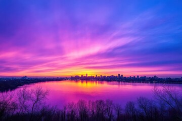 Obraz premium A city skyline glowing under a purple sunset, panoramic and serene