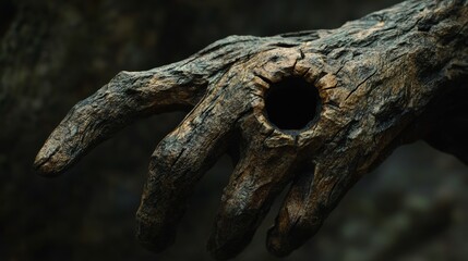 A hand with a hole in it is shown in a dark setting
