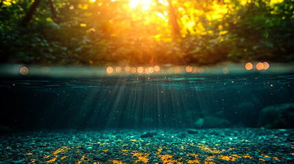 Fluid motion of crystal clear water flowing naturally with close up view showcasing the beauty of nature, blurred background with empty blank space for captions on the side, symbolizing calm and chaos