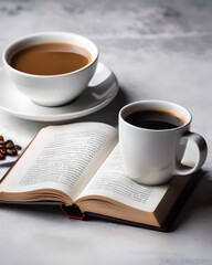 Cup of hot coffee on a book behind a medium coffee, advertising, design, marketing, illustration, minimalism, relaxation, well-being.