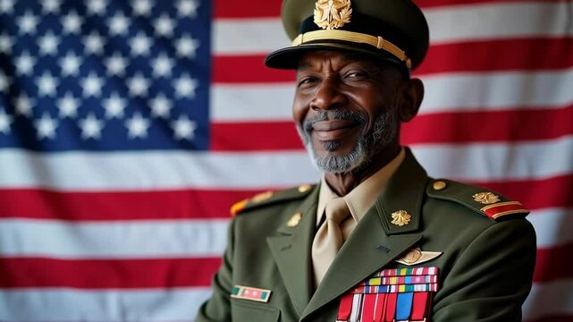 Confident African American Military Officer in Dress Uniform Posing Against an American Flag Background
