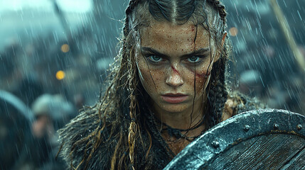 Fierce Viking Warrior Woman with Intricate Face and Body Tattoos in Diverse Natural Settings, from Stormy Seas to Misty Forests, Showcasing Strength, Beauty, and Battle Readiness