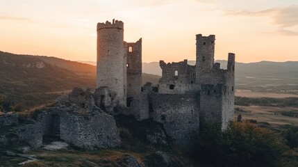 Ruined Castle on Hilltop at Sunset