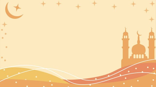 Ramadan theme horizontal background loop animation. Yellow Ramadan banner with mosque, moon and stars. Place for text