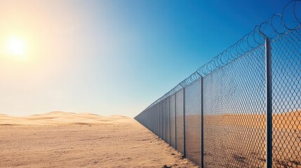 A highsecurity fence in a desert, with sand dunes and a blazing sun