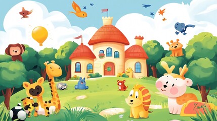 Obraz premium Adorable cartoon animals in school holding placard, wide angle view