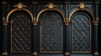 Naklejka premium Opulent Black and Gold Ornate Wall Panel with Intricate Architectural Details