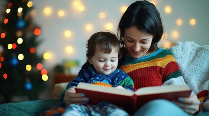 A mother and child reading a book in a cozy living room, warm and loving atmosphere