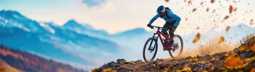 Naklejka premium A mountain biker on a rugged trail, action shot, dust particles in the air