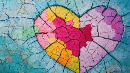 A painting of a cracked Earth in the shape of a heart, symbolic and vibrant