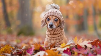 Obraz premium Adorable dachshund in cozy knit turtleneck and beanie nestled in autumn leaves. Ethereal forest backdrop adds to the charming fall scene.