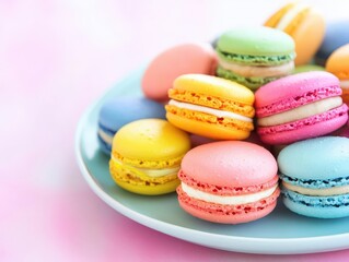 Fototapeta premium A plate of colorful macarons on a pastel background, closeup, vibrant and cheerful food photography