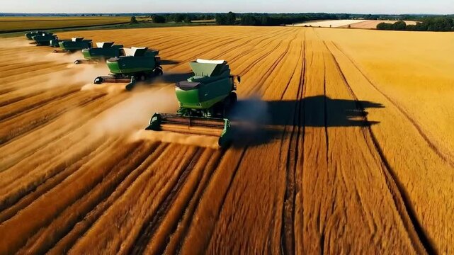 Harvesting Wheat With Multiple Combines in a Vast Golden Field During Sunset