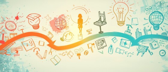 A teacher's inspiring journey unfolds along a vibrant path. Educational symbols float around a central figure, illustrating classroom evolution across eras. An uplifting, creative environment.