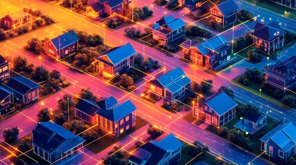 Aerial view of a connected smart city neighborhood at night, showcasing homes illuminated with digital network lines.
