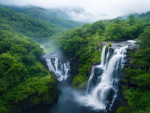 A roaring waterfall surrounded by lush greenery, adventurous tone, high shutter speed capture