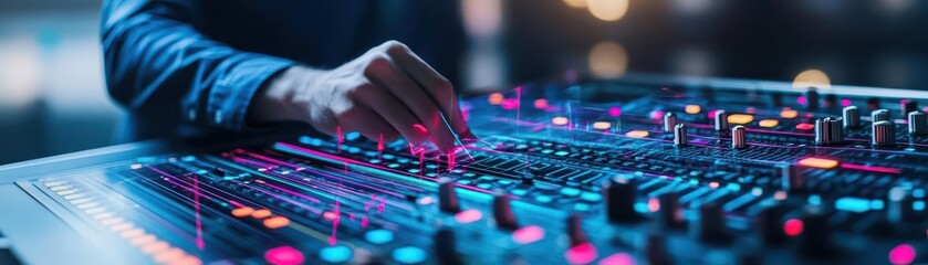 Naklejka premium A sound engineer adjusting levels in a studio, sound visualized as vibrant lines and patterns