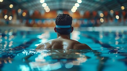 Swimmer poised on starting block at poolside, with copy space. the indoor swimming facility sets the stage for competitive swimming.