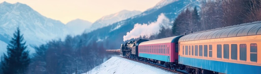 A steam train passing through a snowy mountain pass, nostalgic vibe, vintage filter