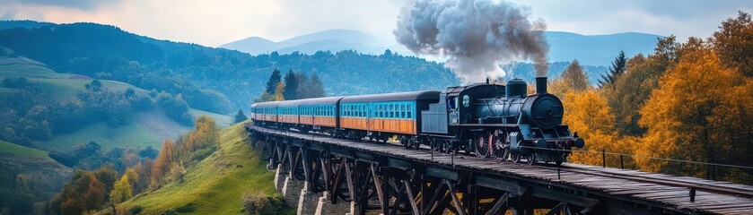 Fototapeta premium A steam train crossing a wooden bridge over a valley, nostalgic and adventurous tone, panoramic view