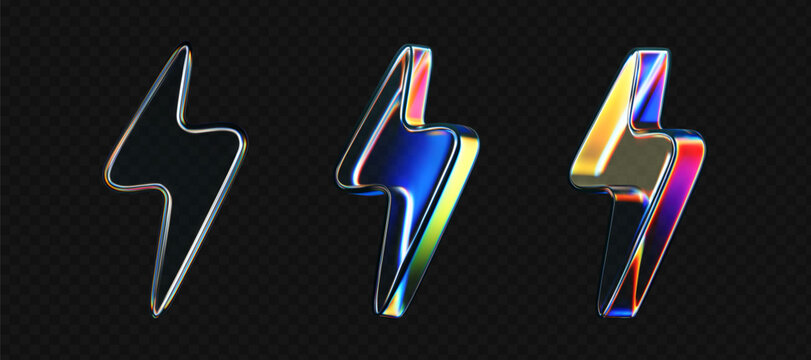 3d glass lightning icons with holographic effect isolated on black background. Render transparent glass thunder bolts with crystal chromatic dispersion of light, rainbow gradient. 3d vector morphism