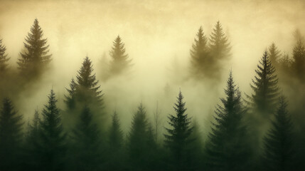 Obraz premium Misty Landscape with Fir Forest in Vintage Retro Style Perfect for Nature Photography Enthusiasts and Scenic Art