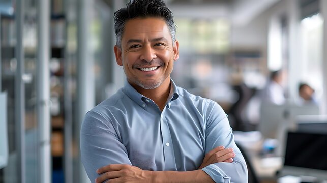Happy cheerful 45 year old Latin professional mid aged business man corporate leader, smiling positive mature male executive manager standing in office arms crossed looking at camera, portrait.