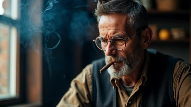 Candid Portrait of an Older Man Smoking a Cigar, Exuding Sophistication and Wisdom Amidst a Soft Cloud of Smoke in a Cozy Setting