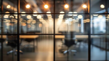 Abstract Blurred Office Interior View Through Glass Partition.
