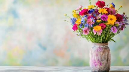 A vibrant bouquet of wildflowers in a rustic vase, natural light, cheerful and colorful tone