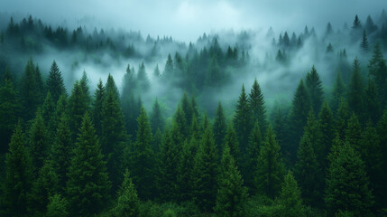 Fototapeta premium Misty Landscape with Fir Forest in Vintage Retro Style Perfect for Nature Photography Enthusiasts and Scenic Art